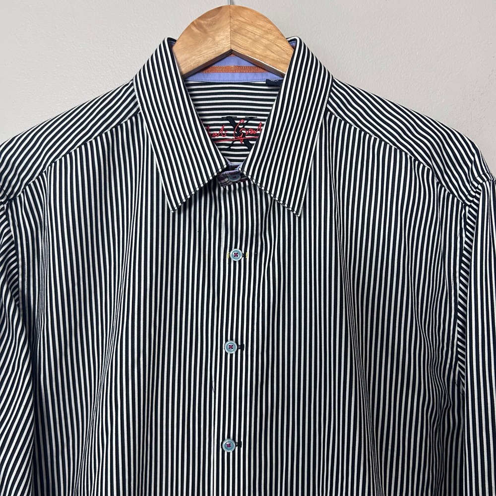Robert Graham Button Down Shirt Mens XL Black White Stripe Contrast Flip Cuff